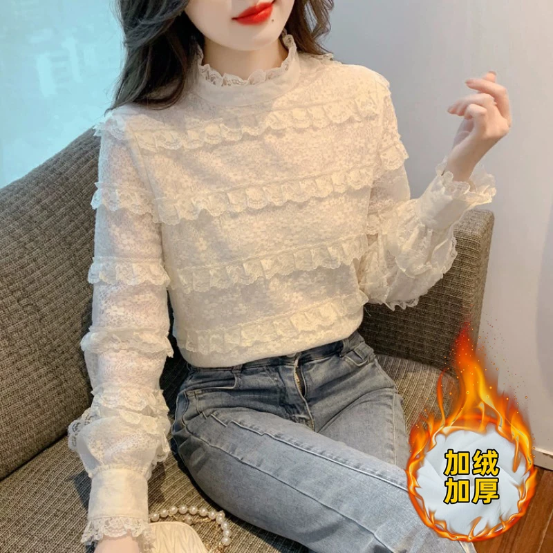 高级感半高领蕾丝内搭打底衫女2025新款秋季高端气质加绒小衫上衣