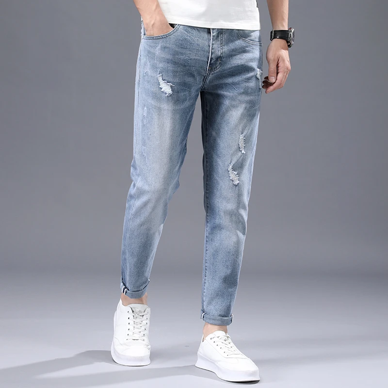 男士牛仔裤夏季薄款韩版潮流百搭修身小脚裤2025新款破洞九分裤男