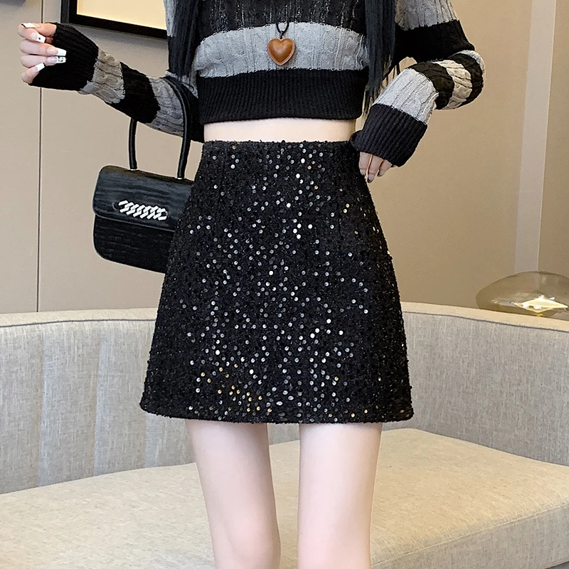 亮片半身裙女A字裙秋冬新款包臀裙小香风高腰显瘦百搭裙子外穿