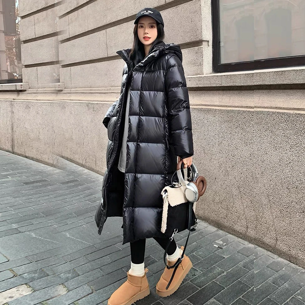 黑金羽绒服长短款时尚连帽加厚保暖长款羽绒服男女情侣冬季户外