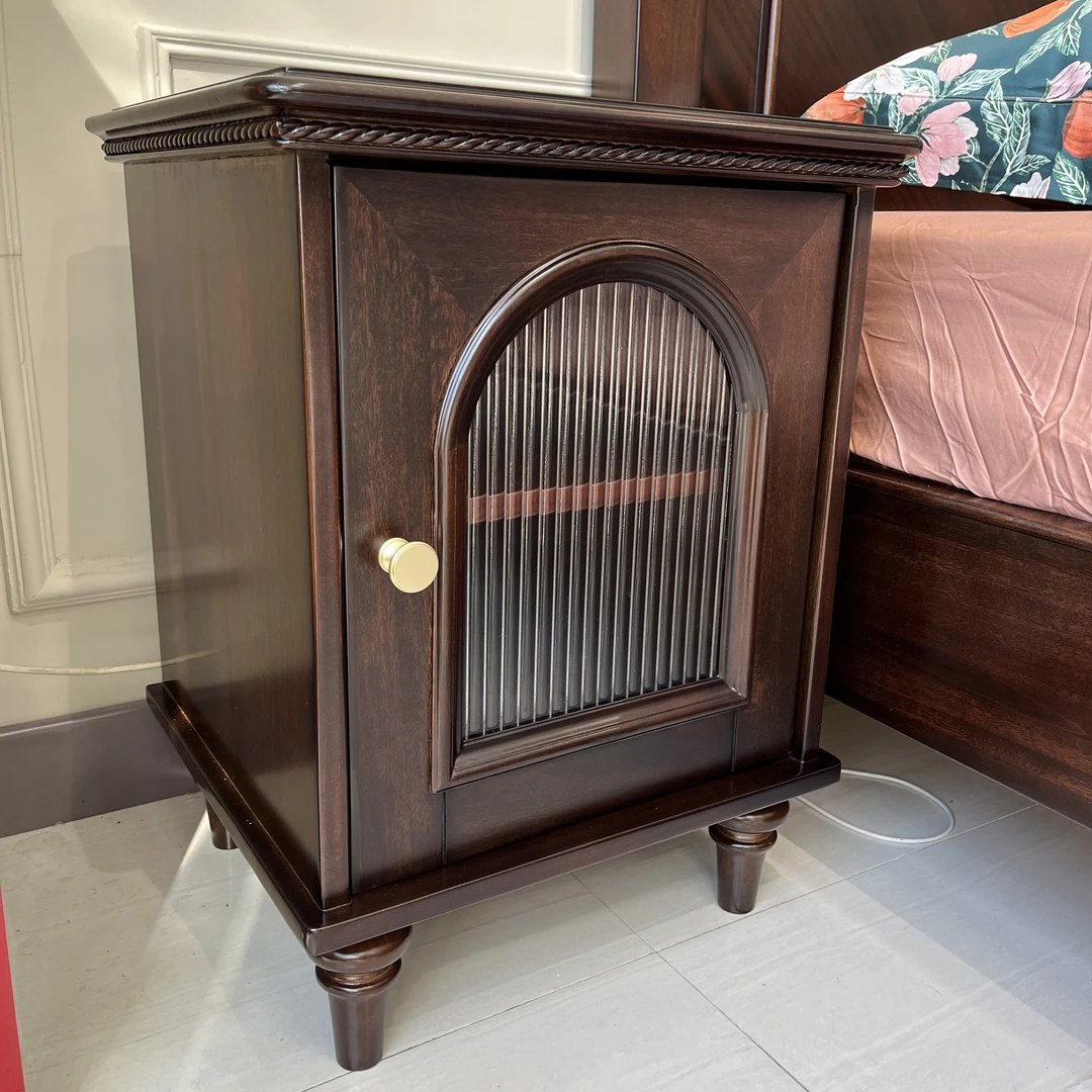 【简语家具】美式中古风全原木床头柜长虹玻璃小美风百搭轻法式风格