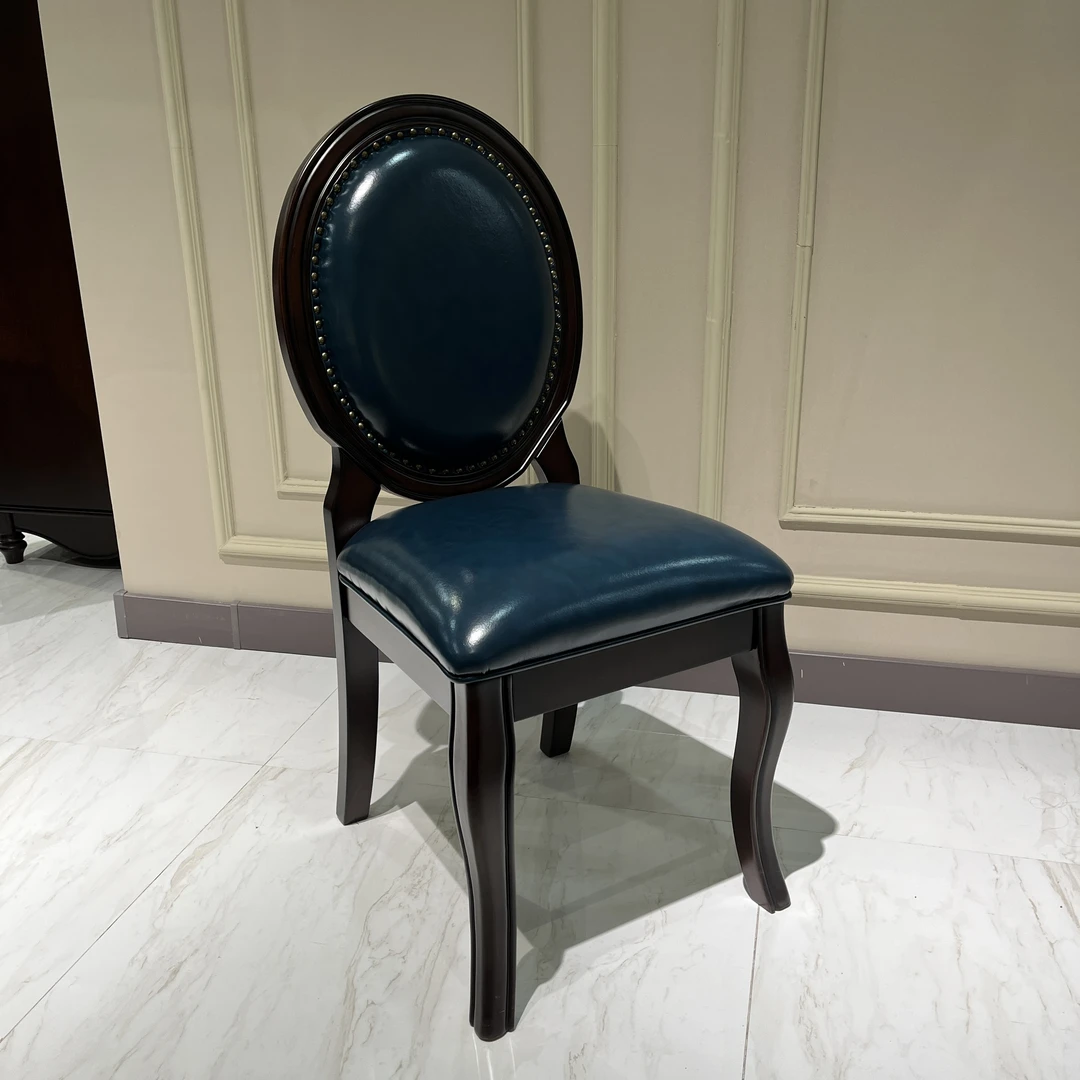 【简语家具】美式全原木仿真皮餐椅书椅餐厅书房百搭款单人古典