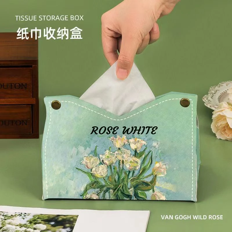 月下白玫瑰油画纸巾盒轻奢风客厅家用桌面抽纸盒高档车载纸抽盒