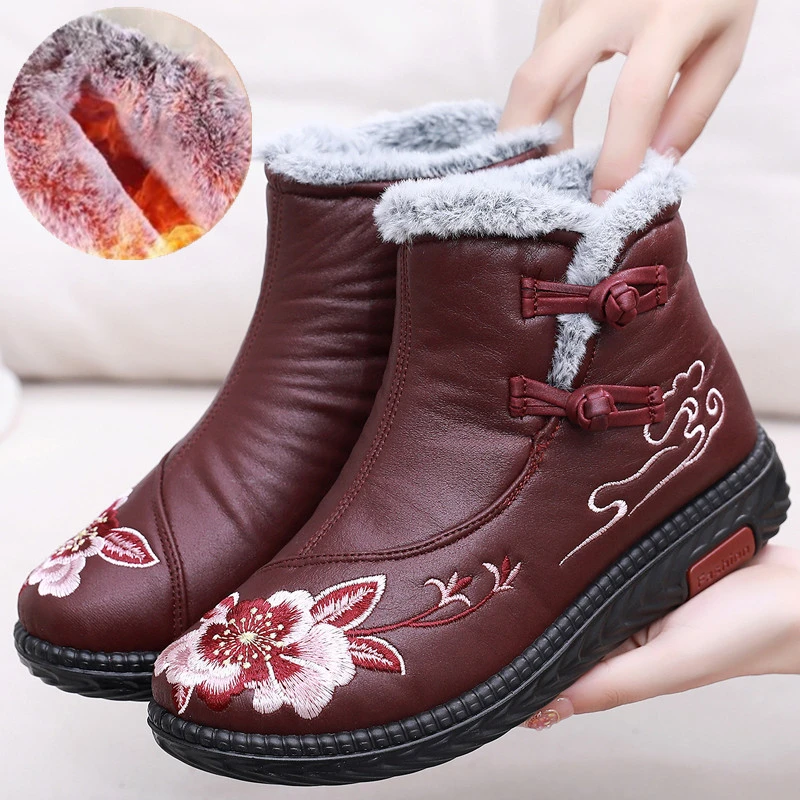 兔毛皮面防水老北京布鞋女棉鞋冬季加绒加厚民族风盘扣妈妈棉靴