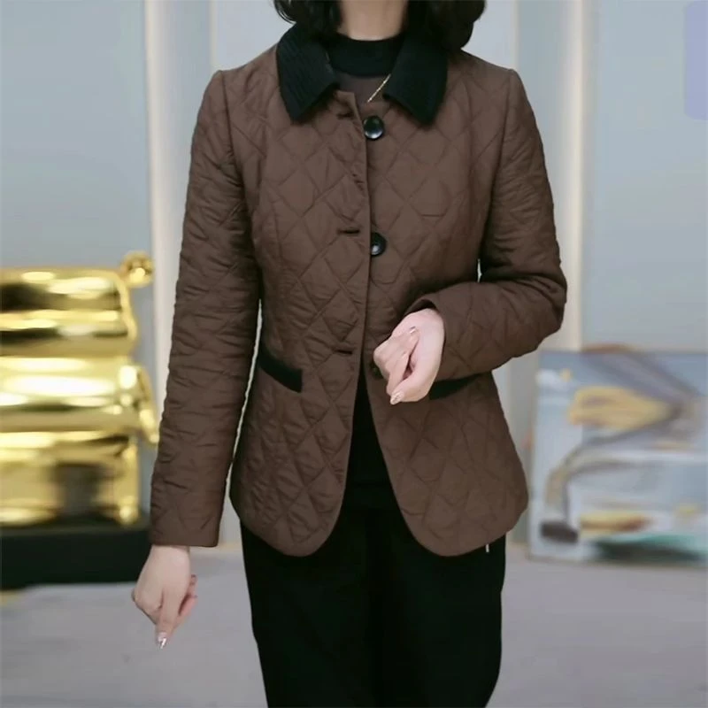 时尚拼接菱格夹棉棉服外套2024秋冬季新款气质妈妈遮肉显瘦上衣