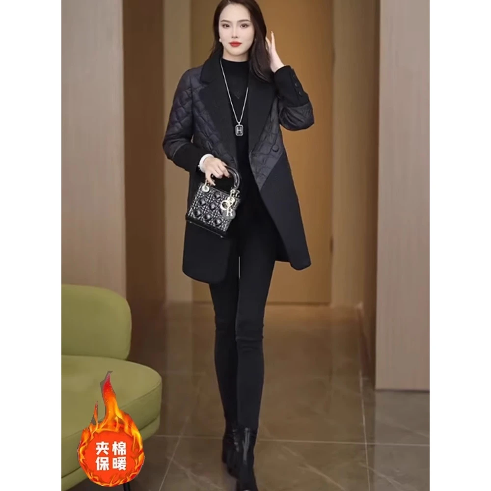 棉衣女中长款2024秋冬款新款洋气质时尚年轻加厚夹棉拼接毛呢外套