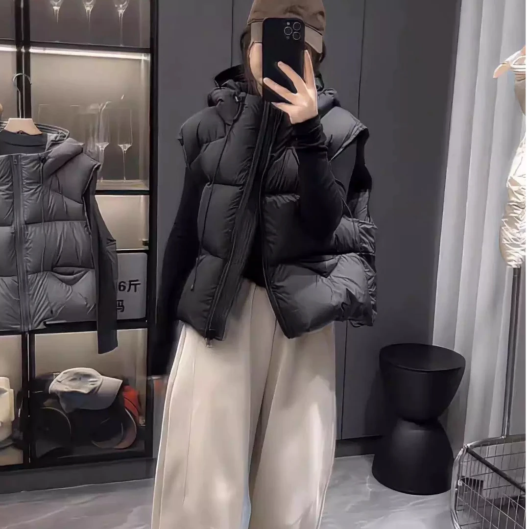 2024新款冬季白鸭绒羽绒马甲小个子连帽宽松休闲百搭泡芙坎肩