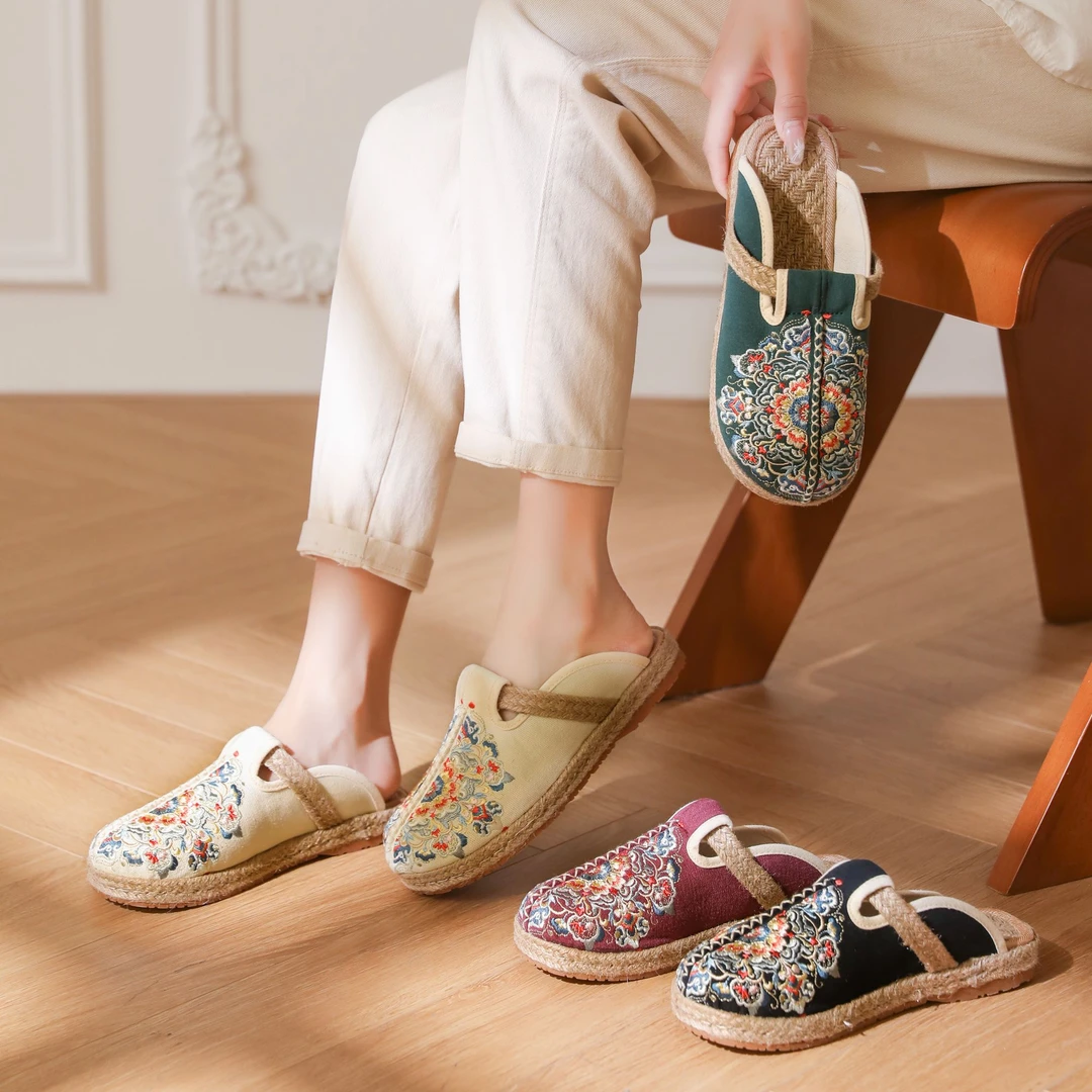 牛筋底百搭夏季透气软底包头居家女士平底民族风厚底外穿拖鞋