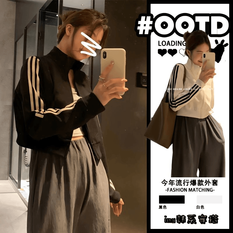 原宿港风黑色条纹三条杠立领开衫外套女早秋美式街头休闲短款上衣