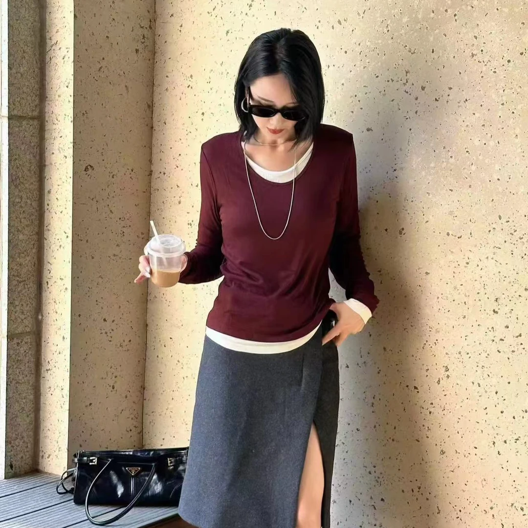 【欧艺】针织V领撞色假两件拼接长袖T恤秋季新款百搭打底上衣