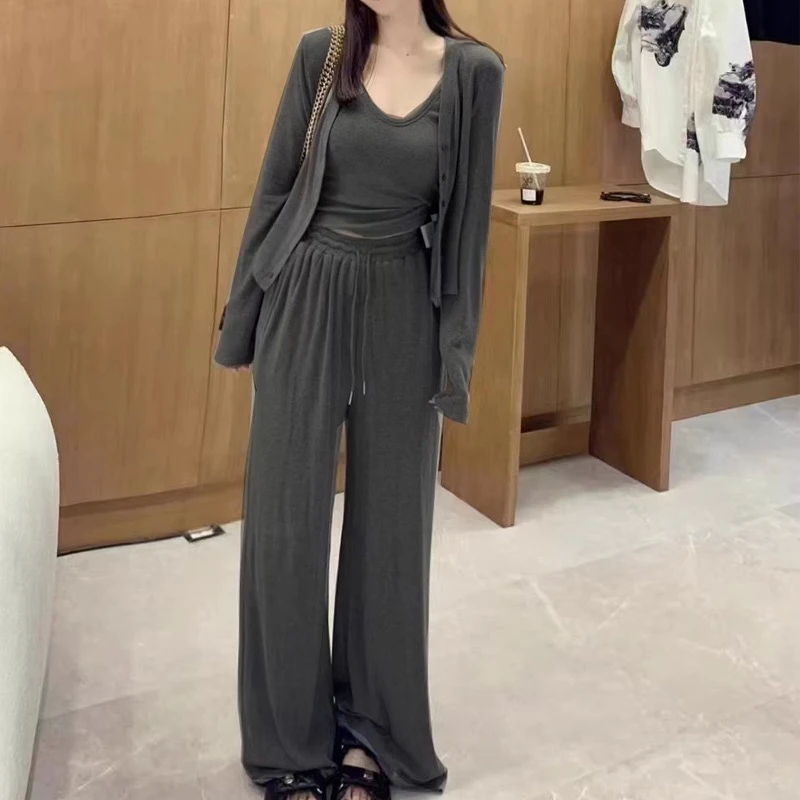 欧货休闲港风吊带长袖套装阔腿裤三件套女装2024秋季新款气质显瘦
