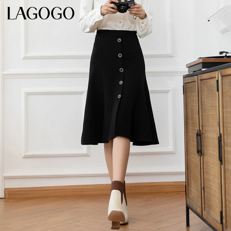 Lagogo新款高腰拉链纽扣开衩半裙女LCBB239G06