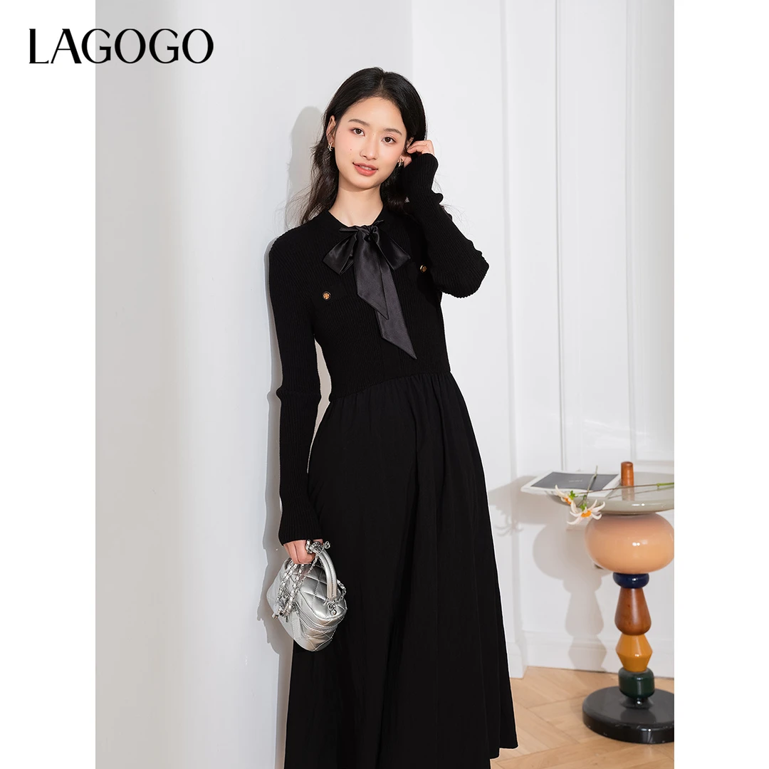 lagogo新款蝴蝶结赫本宴会气质小黑裙女NCLL457G06