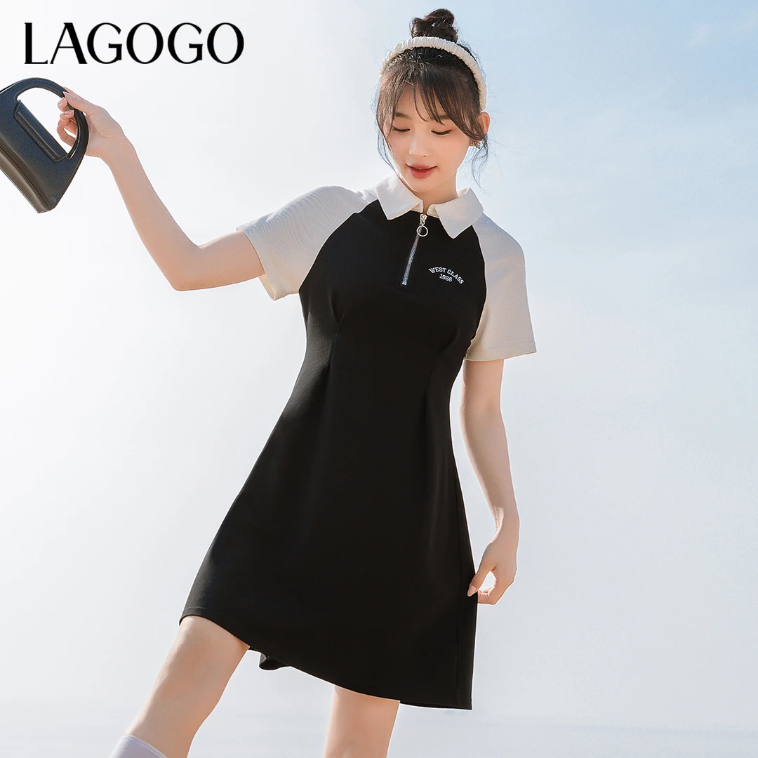 【芋总专属】lagogo新款黑白撞色拼接刺绣装饰连衣裙女MALL353G73