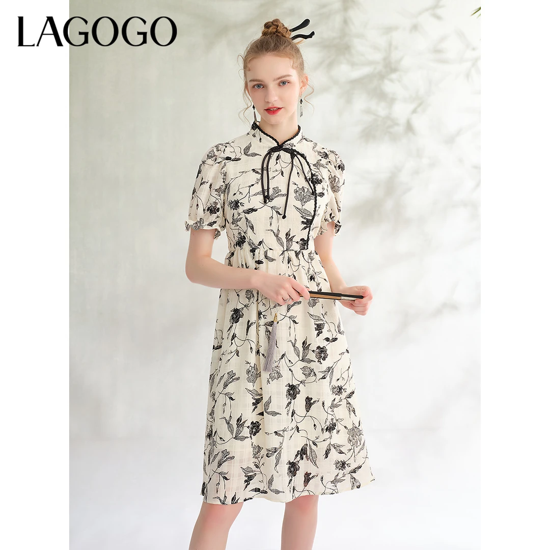 3015【金拐子专属】lagogo新款水墨中国风印花收腰旗袍女NALL303G07