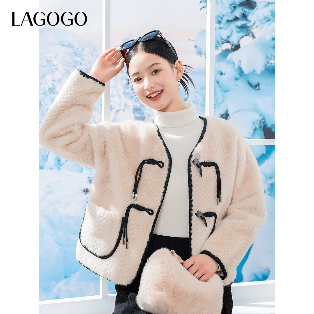 lagogo新款优雅新中式仿水貂绒外套女NCRR239G11