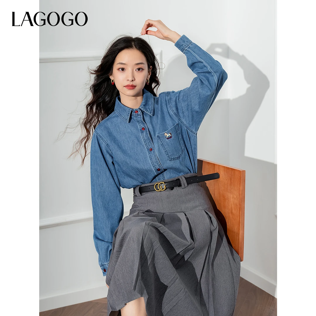 【晚晚专属】lagogo新款百搭翻领刺绣牛仔衬衫女NCCC417G15