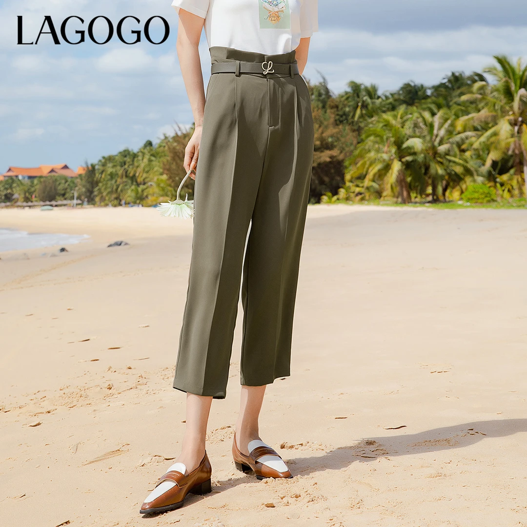【大叔专享】Lagogo新款高腰腰带装饰直筒休闲裤女MAKK531G20