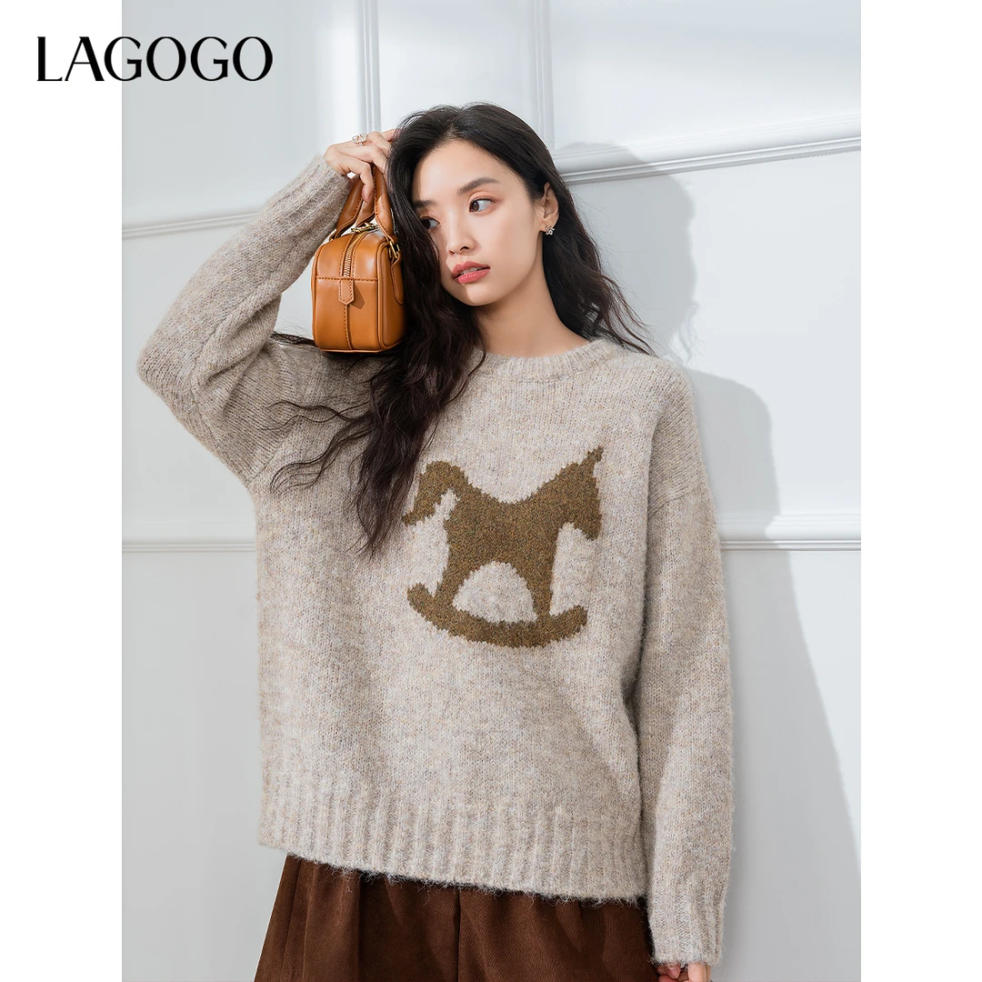 【陈大可】lagogo经典圆领萌趣狗狗图案针织衫女NCMM419GA8