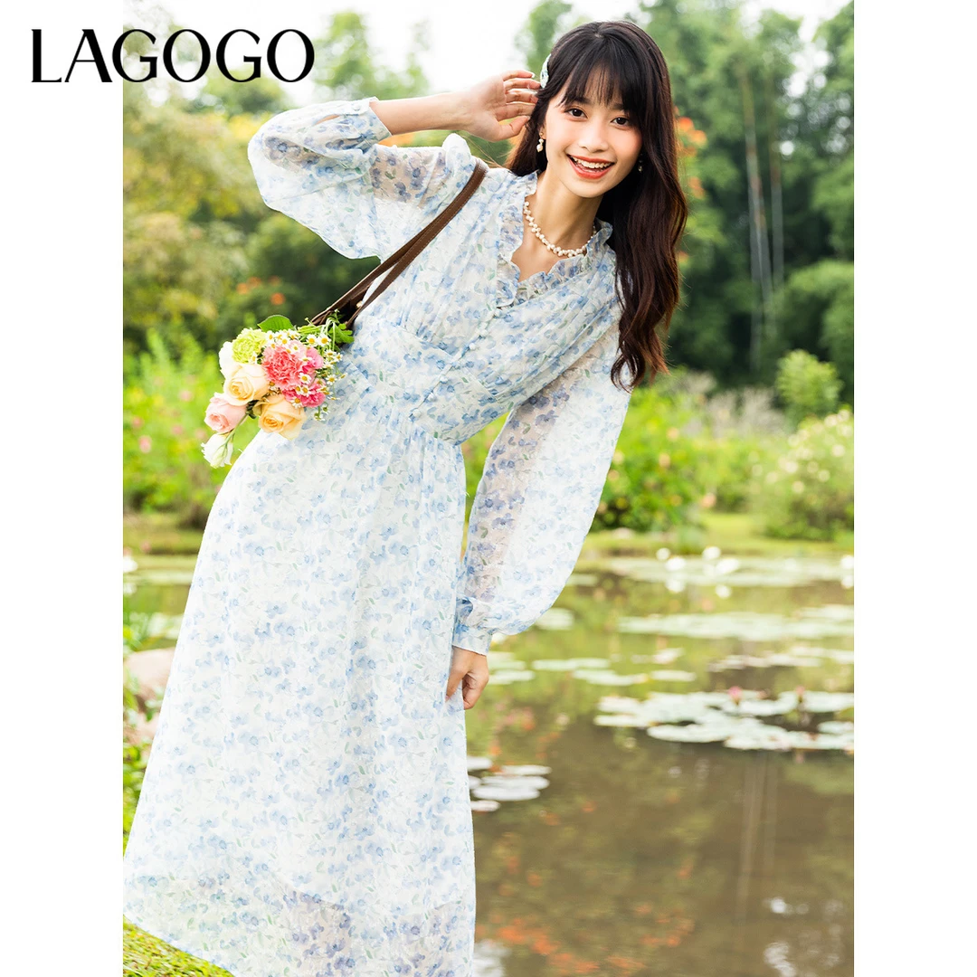 【重百优选】lagogo新款甜美泡泡袖轻盈印花裙NALL401G71
