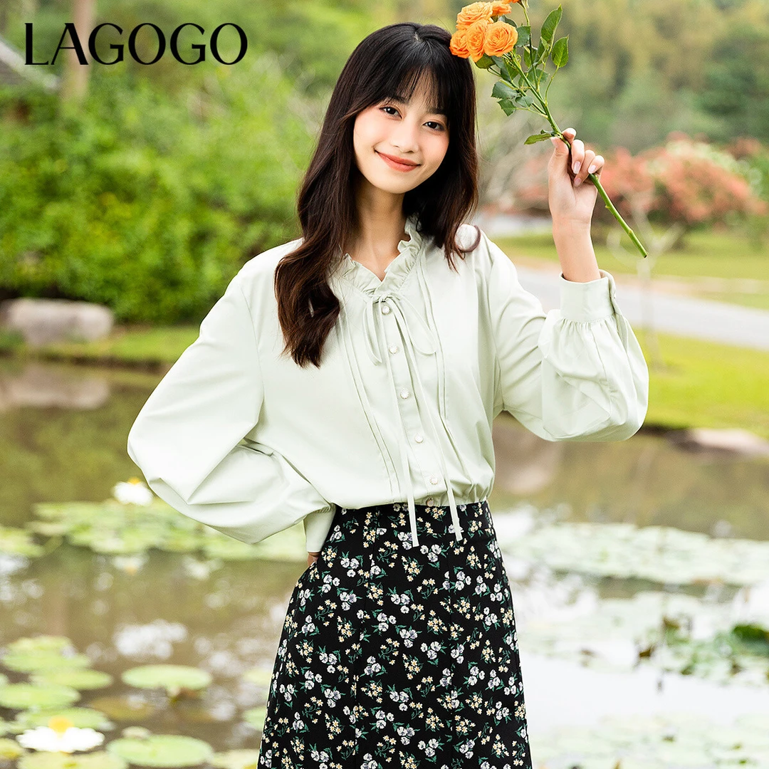 【陈大可】lagogo拉谷谷新款清新木耳边衬衫女NACC431G96