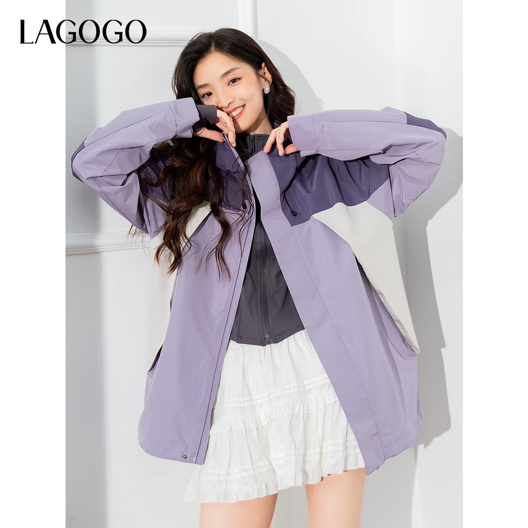 【李易行】lagogo新款时髦拼色熊猫休闲连帽外套女NCWW558G21