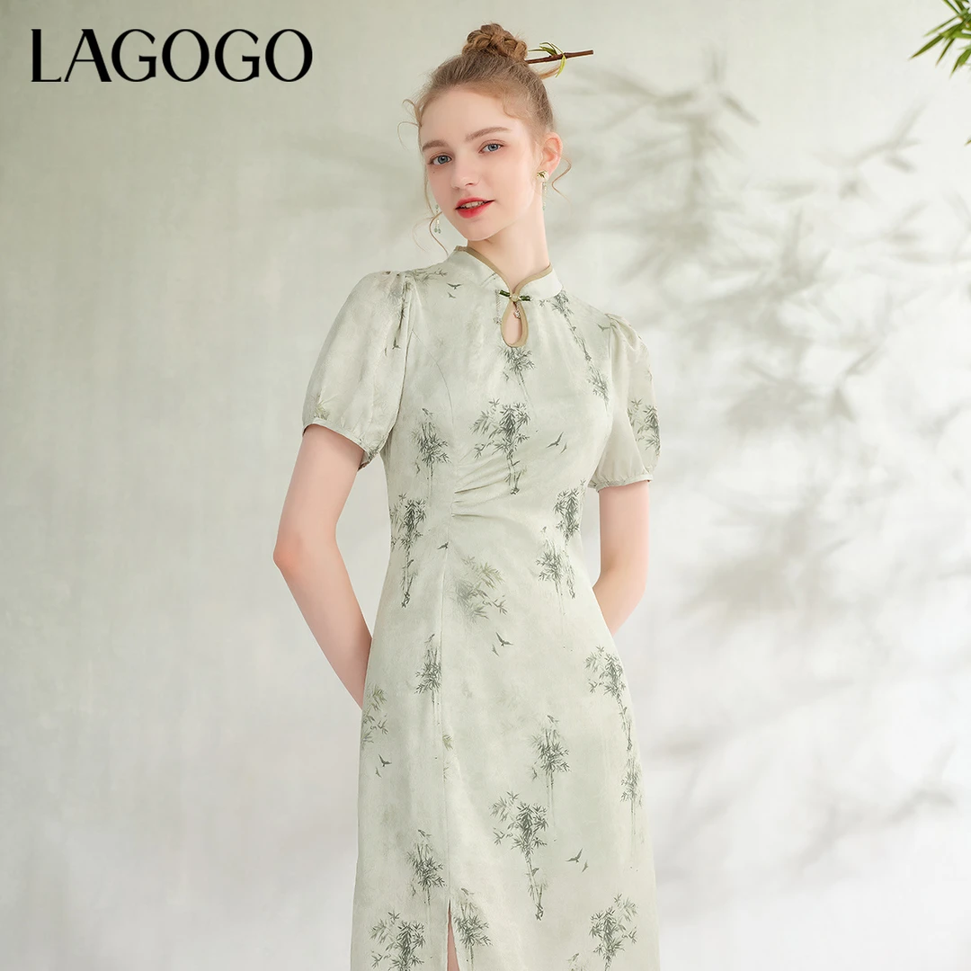 【重百粉丝专属】Lagogo新中式改良旗袍竹叶收腰连衣裙NALL303WD9