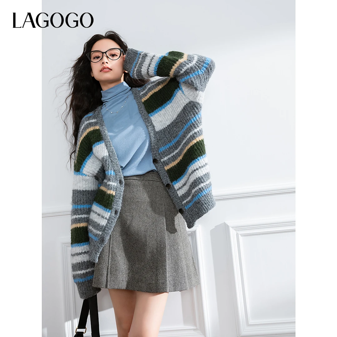 【芋总专属】lagogo新款含羊毛舒适弹力条纹针织开衫女NCMM829GB4