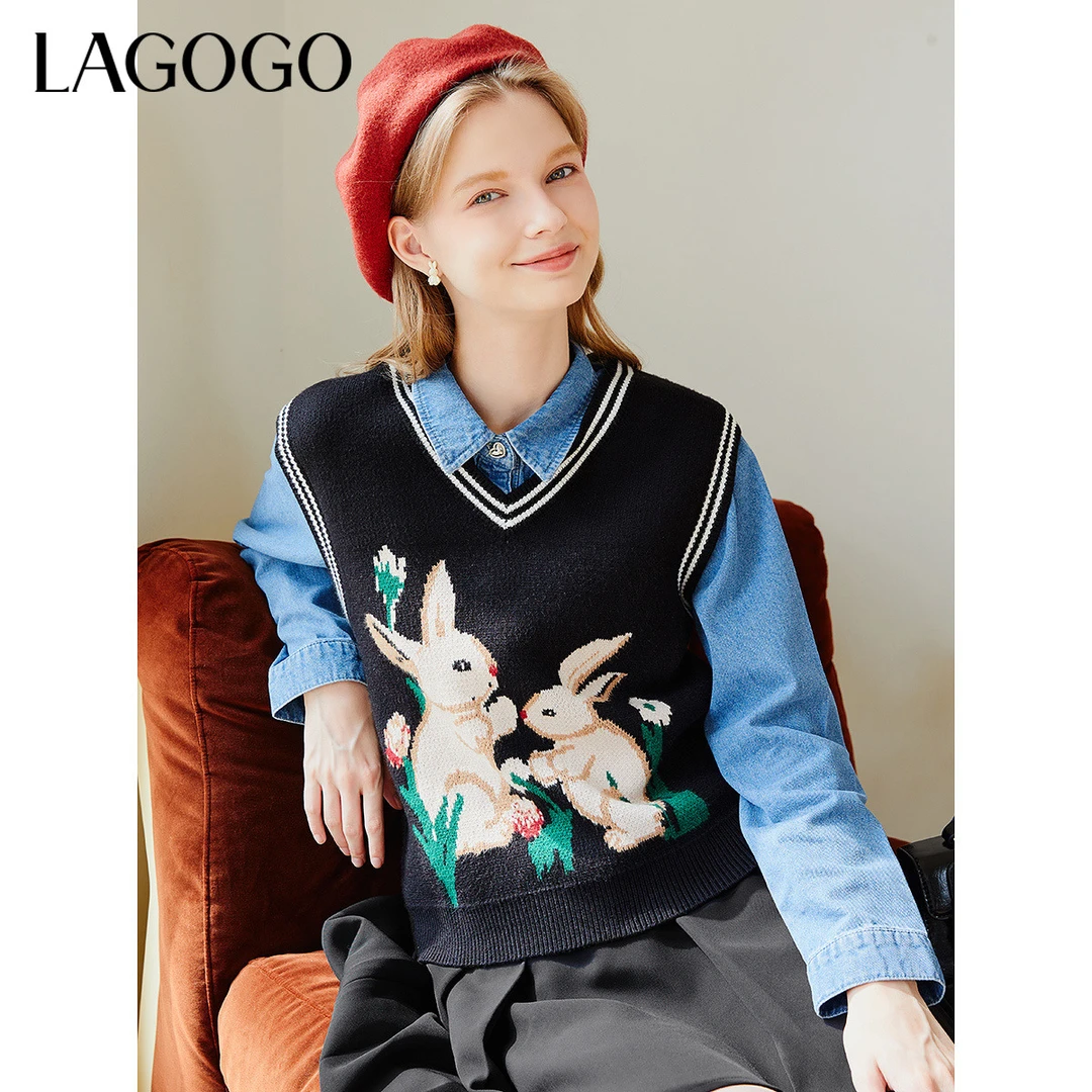 【王优秀专属】Lagogo2023年新款可爱兔罗纹提花针织衫女MCMM01ZG16