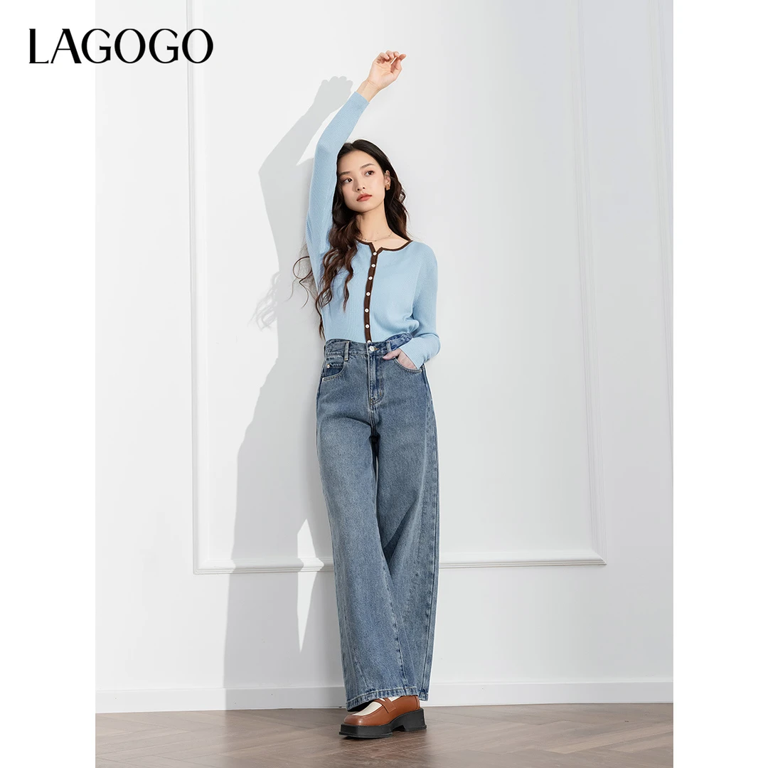 【618抢先购】lagogo新款全棉阔腿显瘦香蕉牛仔裤女NCNN538G02
