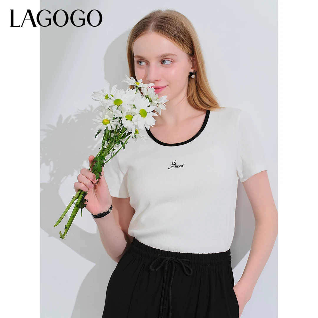 【芋总专属】lagogo新款爱心甜美正肩舒适弹力T恤女NATT313G03