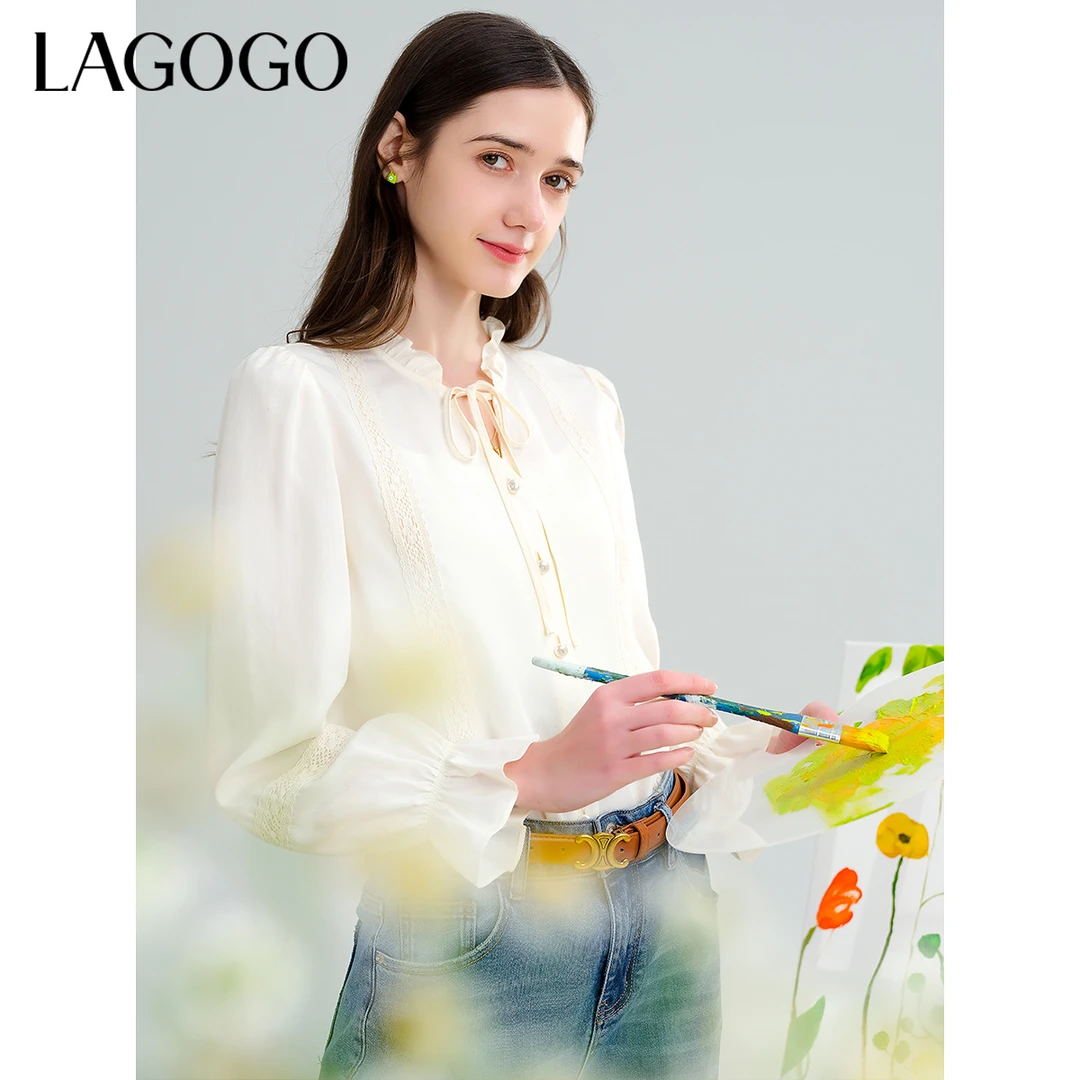 【陈大可】lagogo新款莱赛尔轻盈蕾丝仙气衬衫女NACC431G92