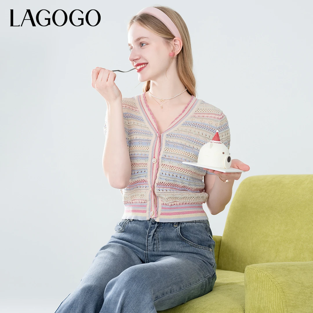 【小云总专享】lagogo彩虹条纹多巴胺舒适针织衫NAMM603G20