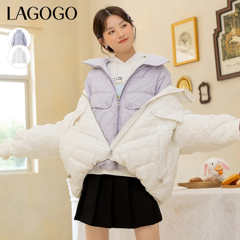 Lagogo2022新款立领拉链口袋羽绒服女LCYY239G76
