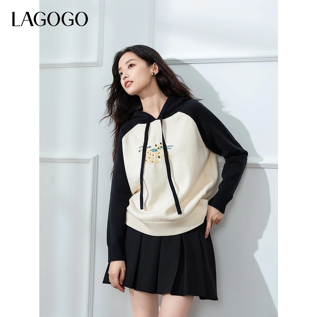 【绿子粉丝】lagogo撞色插肩袖猫咪图案针织衫女NCMM459G79