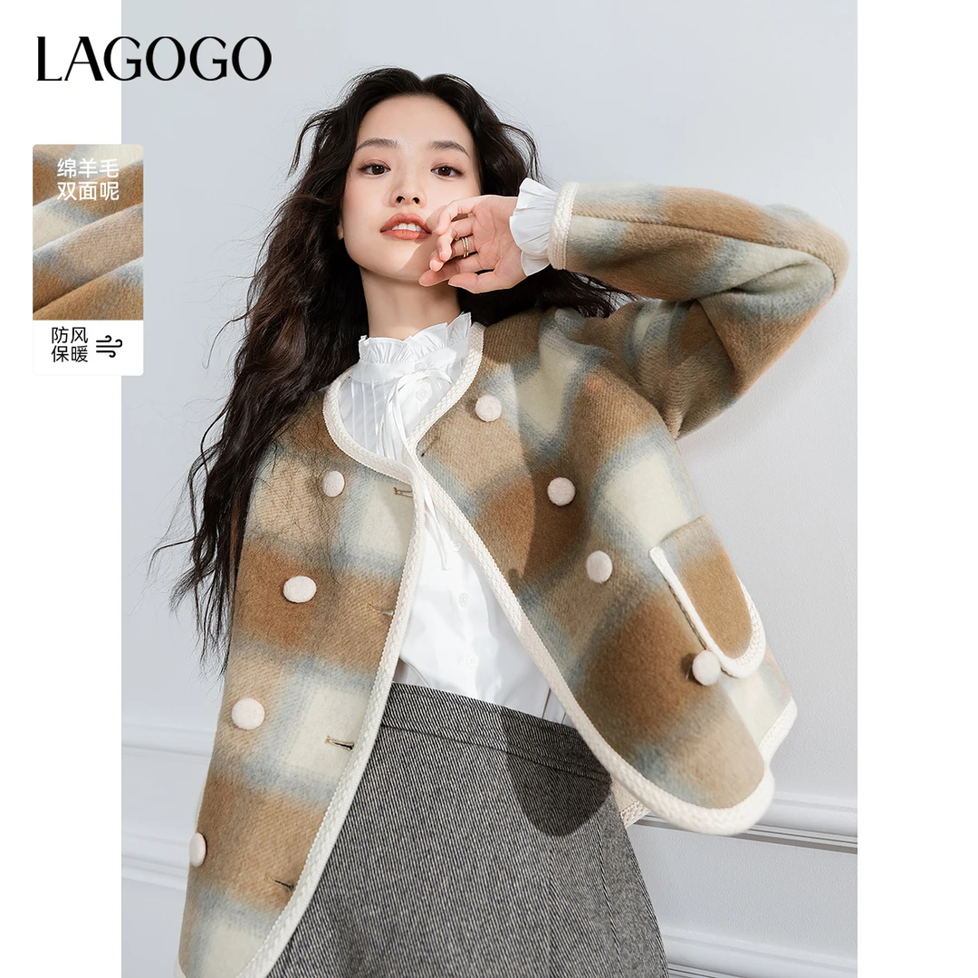 【芋总专属】lagogo新英伦风优雅格子双面呢大衣女NCWW549G32