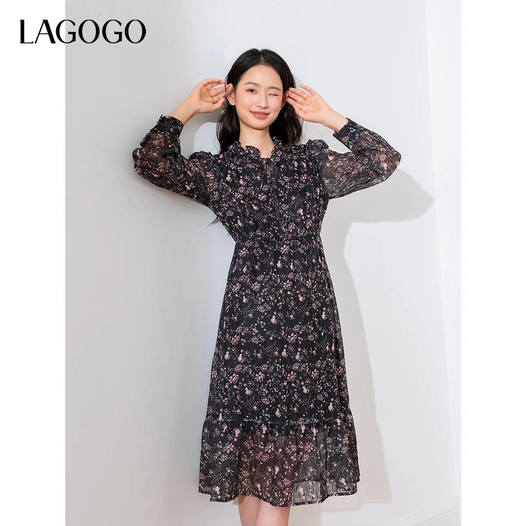 【LAGOGO】lagogo新款蔷薇花雪纺显瘦显白连衣裙女NCLL407G08