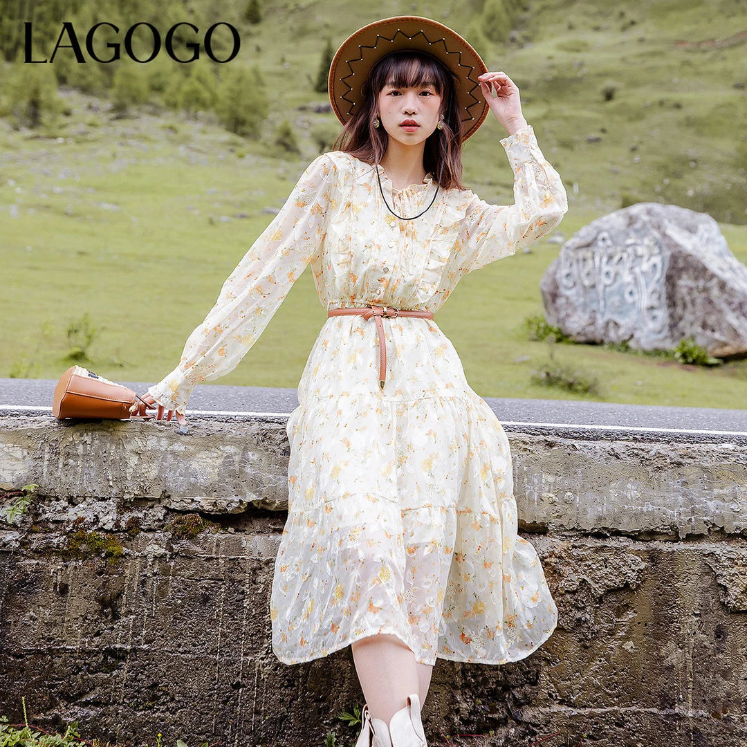 【陈大可】lagogo新款清新荷叶边设计感连衣裙女MCLL407G50