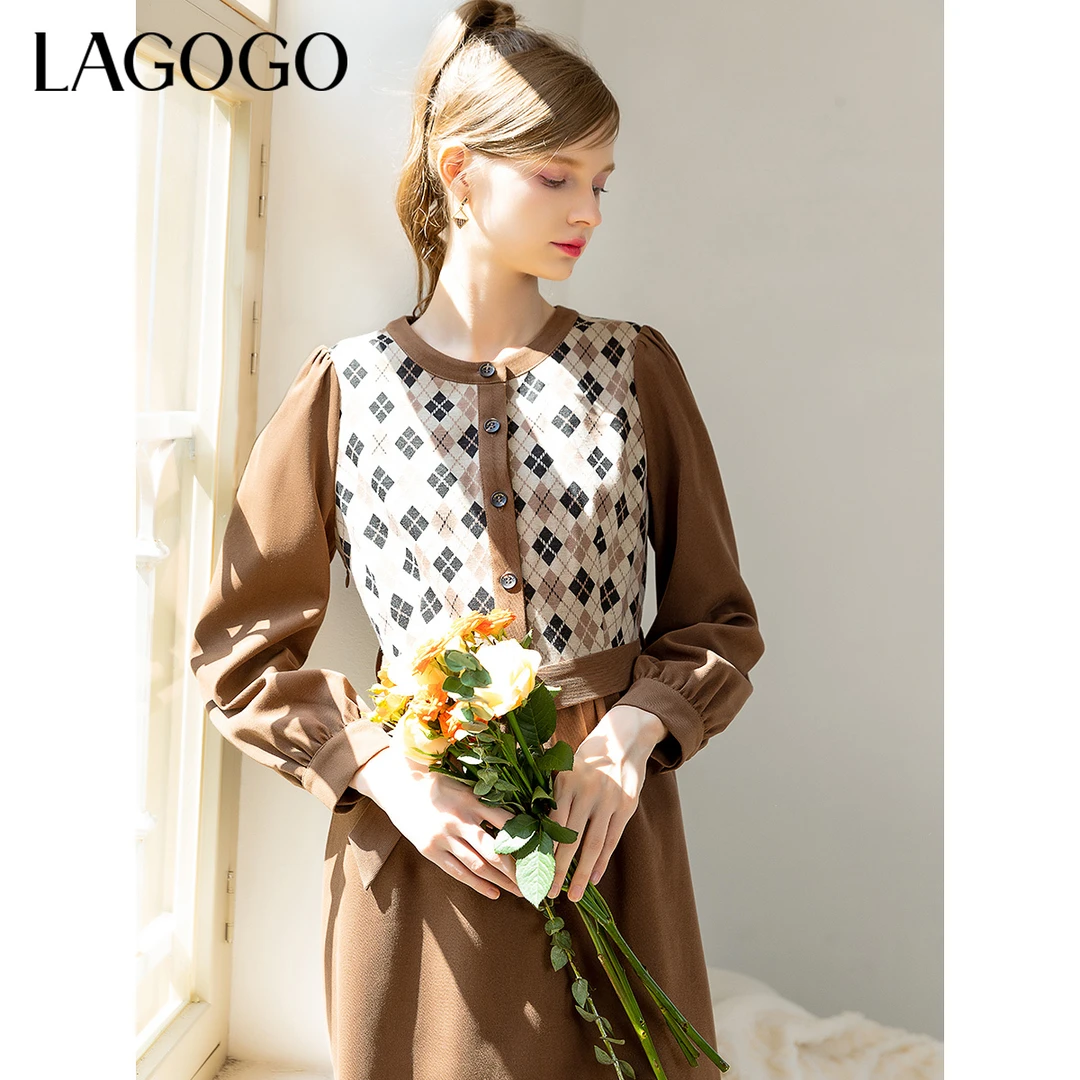 Lagogo拉谷谷新款复古格子收腰显白连衣裙女MCLL45ZG31