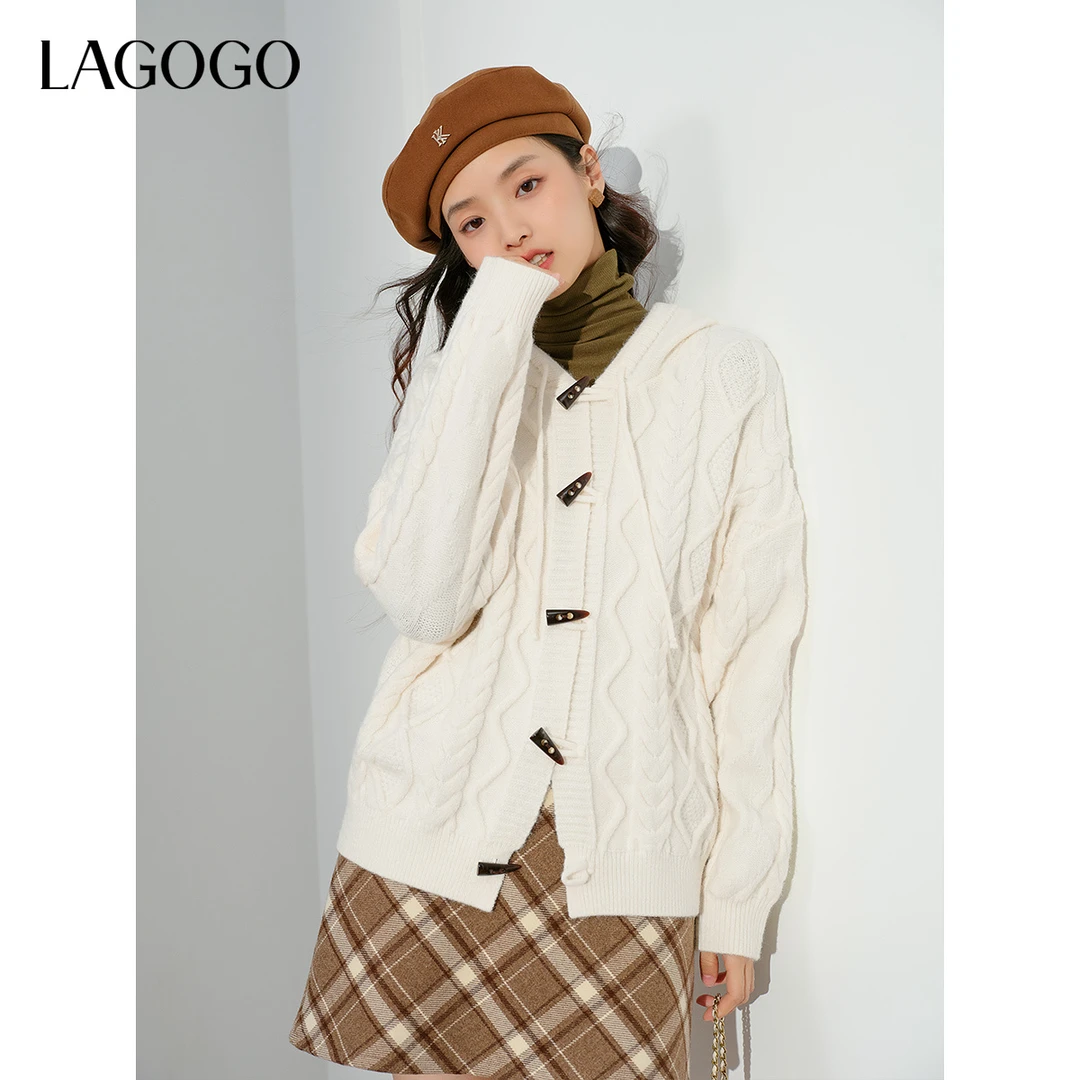 【绿子粉丝】lagogo新款连帽舒适花型针慵懒针织衫女NCMM838G30