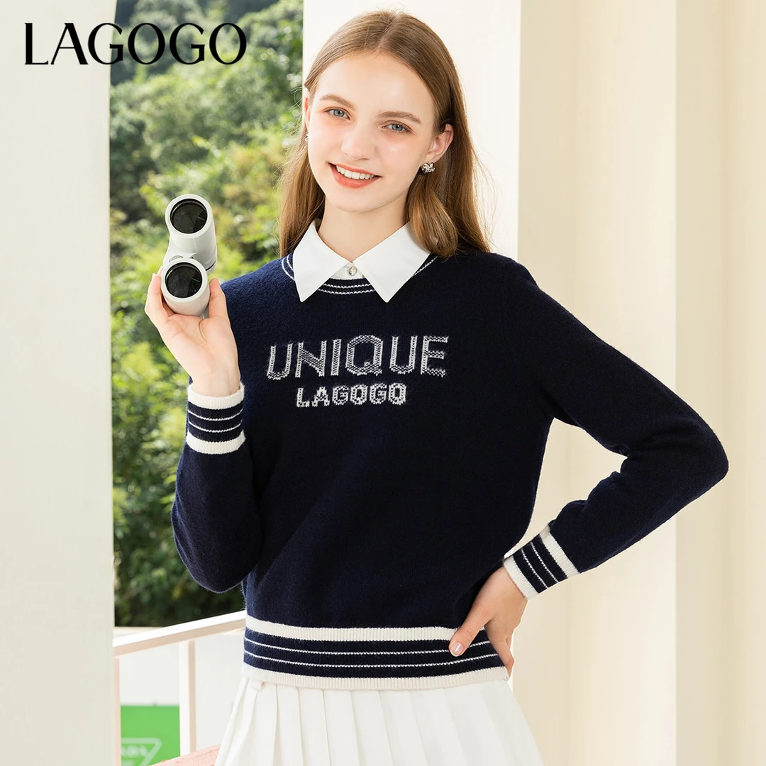 【芋总专属】Lagogo新款舒适弹力字母装饰针织衫女MCMM479A24
