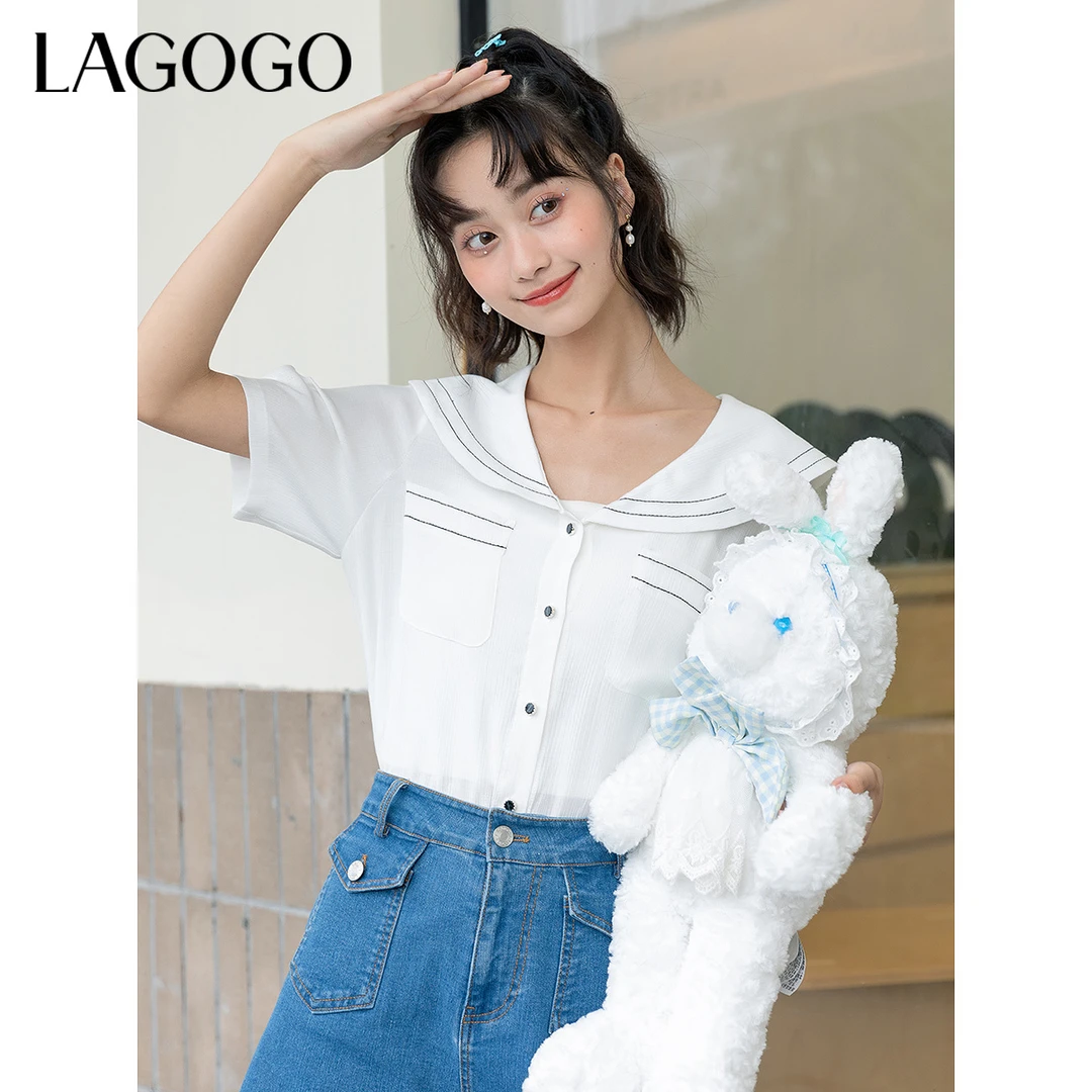 lagogo新款娃娃领明线装饰衬衫女MACC233G71