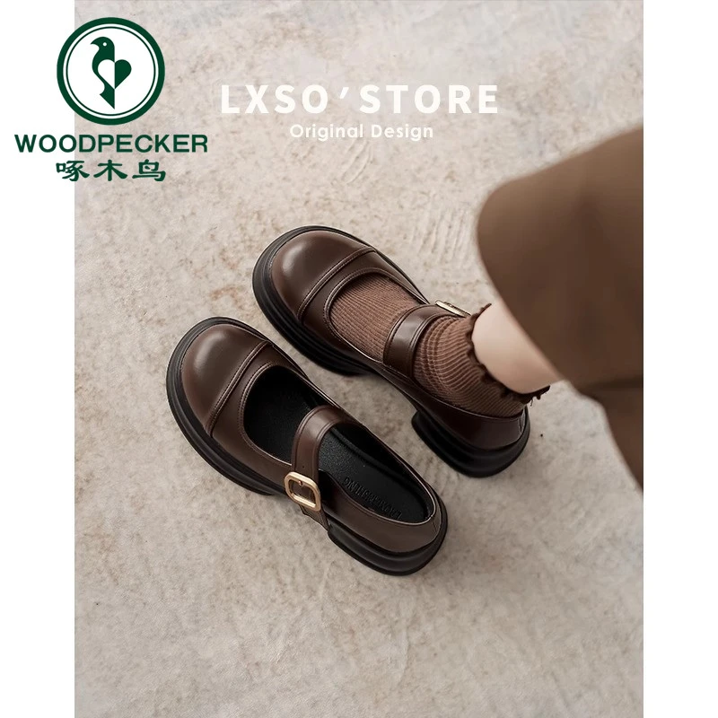 啄木鸟复古小皮鞋女秋季新款乐福鞋一字扣软皮粗跟玛丽珍单鞋女款