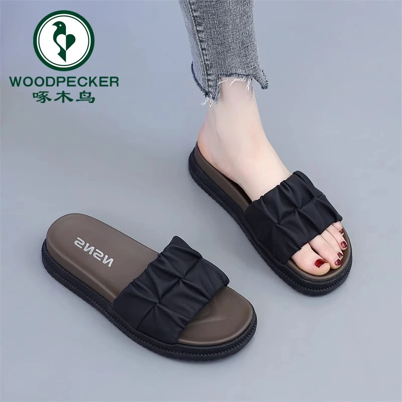 啄木鸟软皮拖鞋女夏外穿2024年厚底沙滩鞋仙女配裙软底防滑一字拖