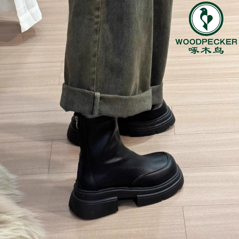 啄木鸟厚底马丁靴女2025秋冬英伦风切尔西瘦瘦靴小个子黑色小短靴