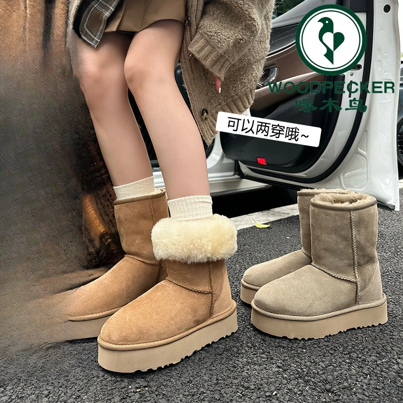 啄木鸟冬季雪地靴女厚底增高两穿中筒靴防滑棉鞋皮毛一体短靴潮鞋