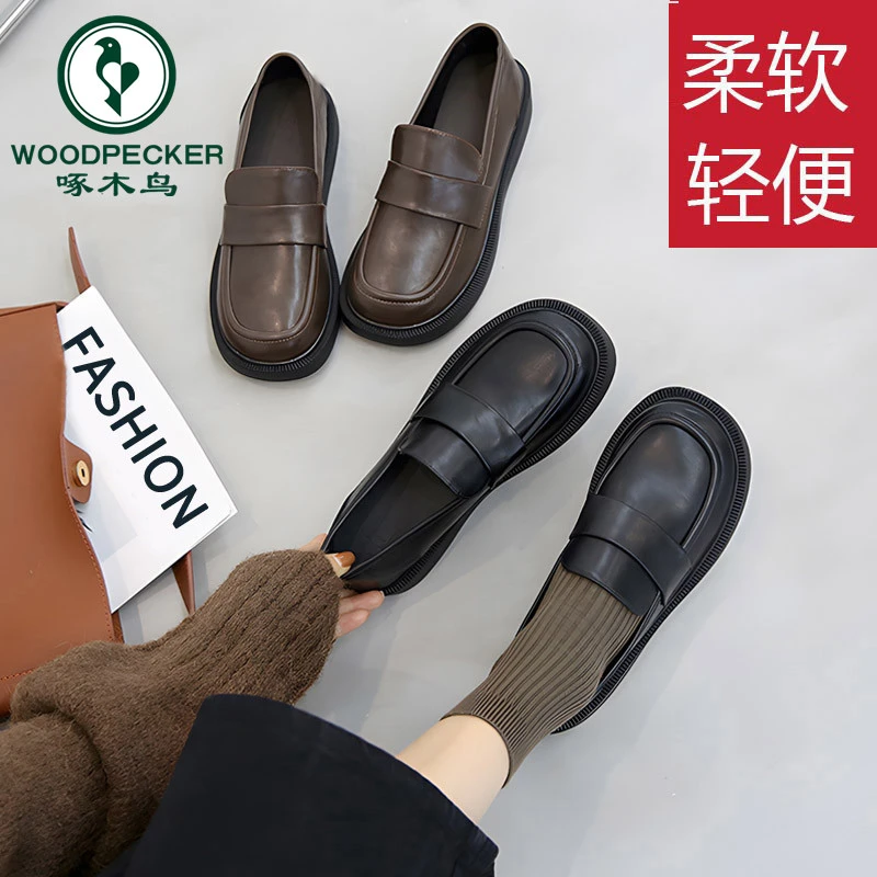 啄木鸟黑色小皮鞋女英伦风软底软皮平底工作皮鞋日系jk配裙子单鞋