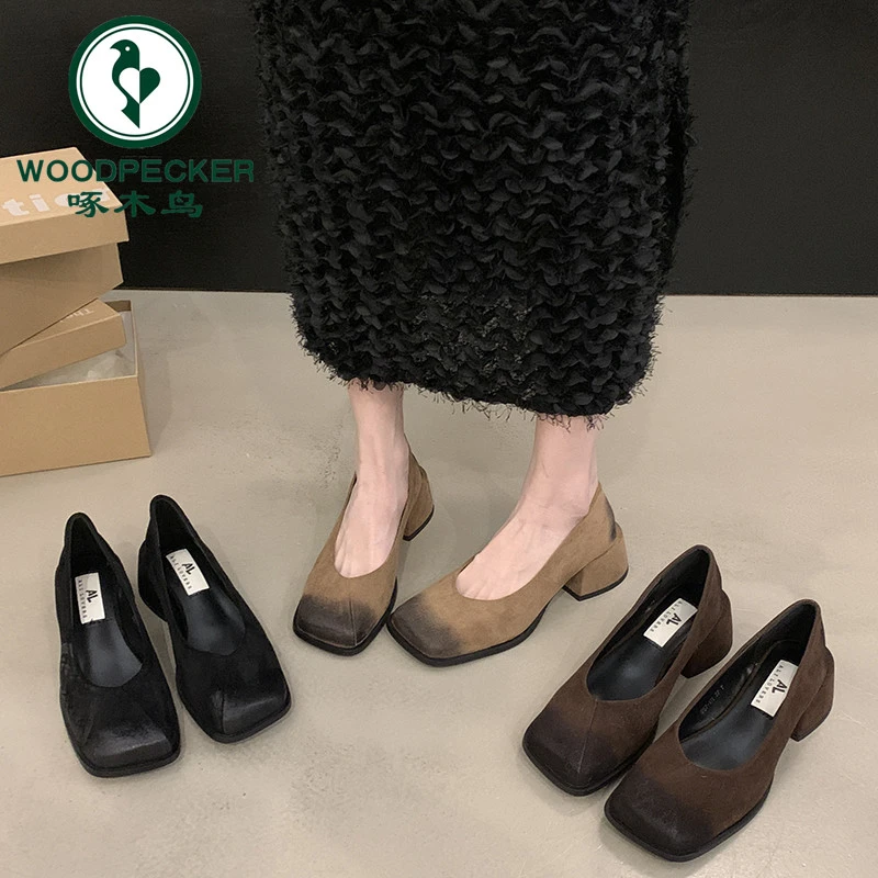 啄木鸟粗跟单鞋女2024新款春秋季法式浅口玛丽珍女鞋温柔风晚晚鞋