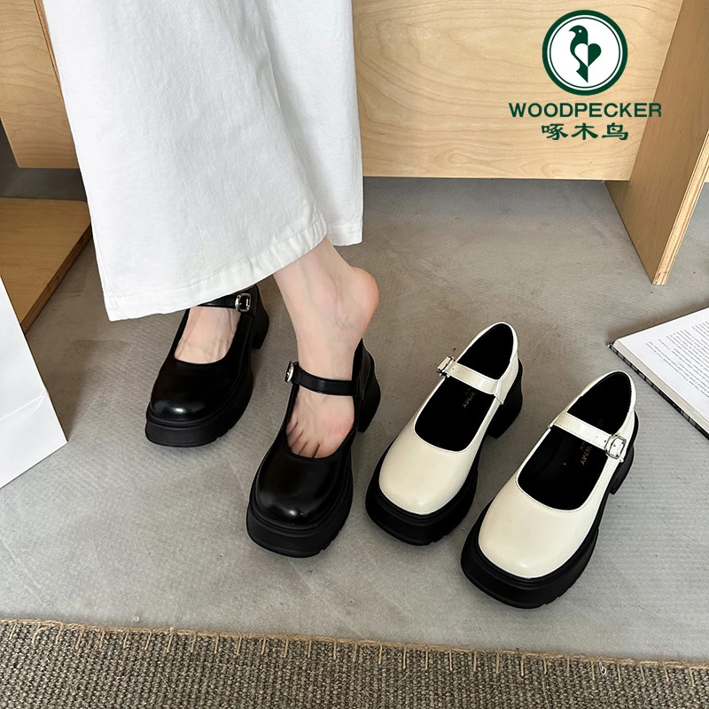 啄木鸟法式粗跟小皮鞋女2024春夏新款厚底日系jk玛丽珍配裙子单鞋