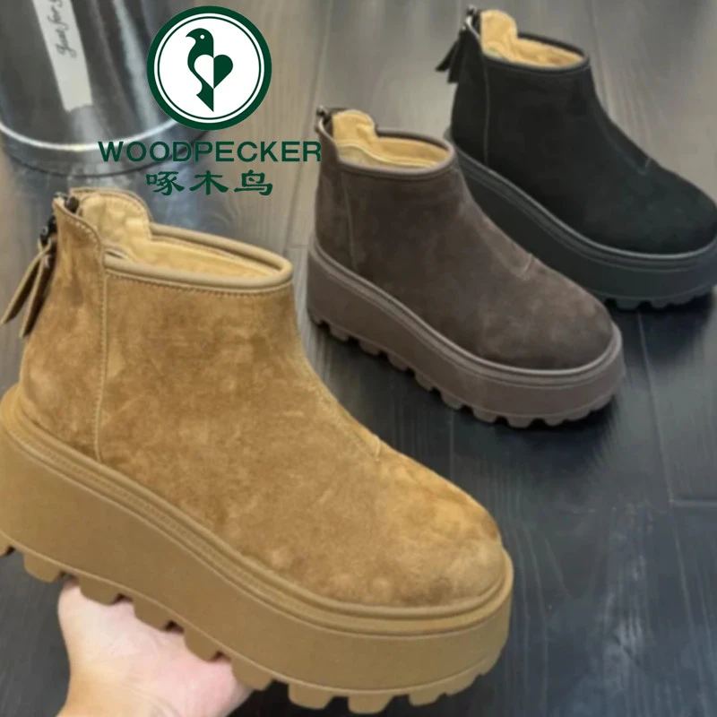 啄木鸟厚底雪地靴轻便保暖加绒运动板鞋松糕鞋女高帮2024秋冬新款